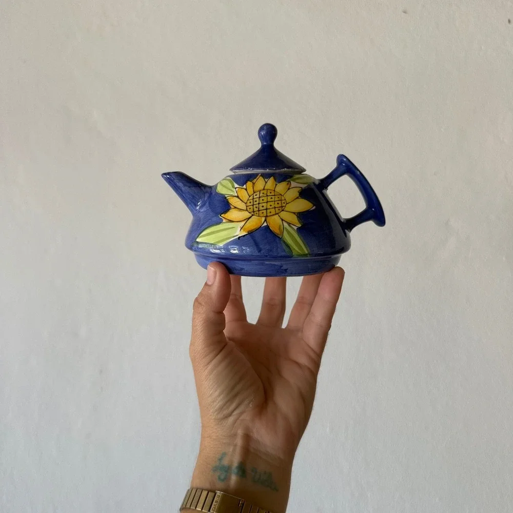 Vintage Hand Painted Ceramic Teapot Cobalt Blue Sunflower Folk Art Country Decor